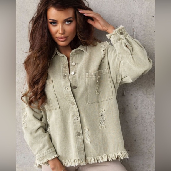 Olive Green Distressed with Frayed Hem Button Down Denim Jacket, Relaxed Fit, M - Picture 3 of 14
